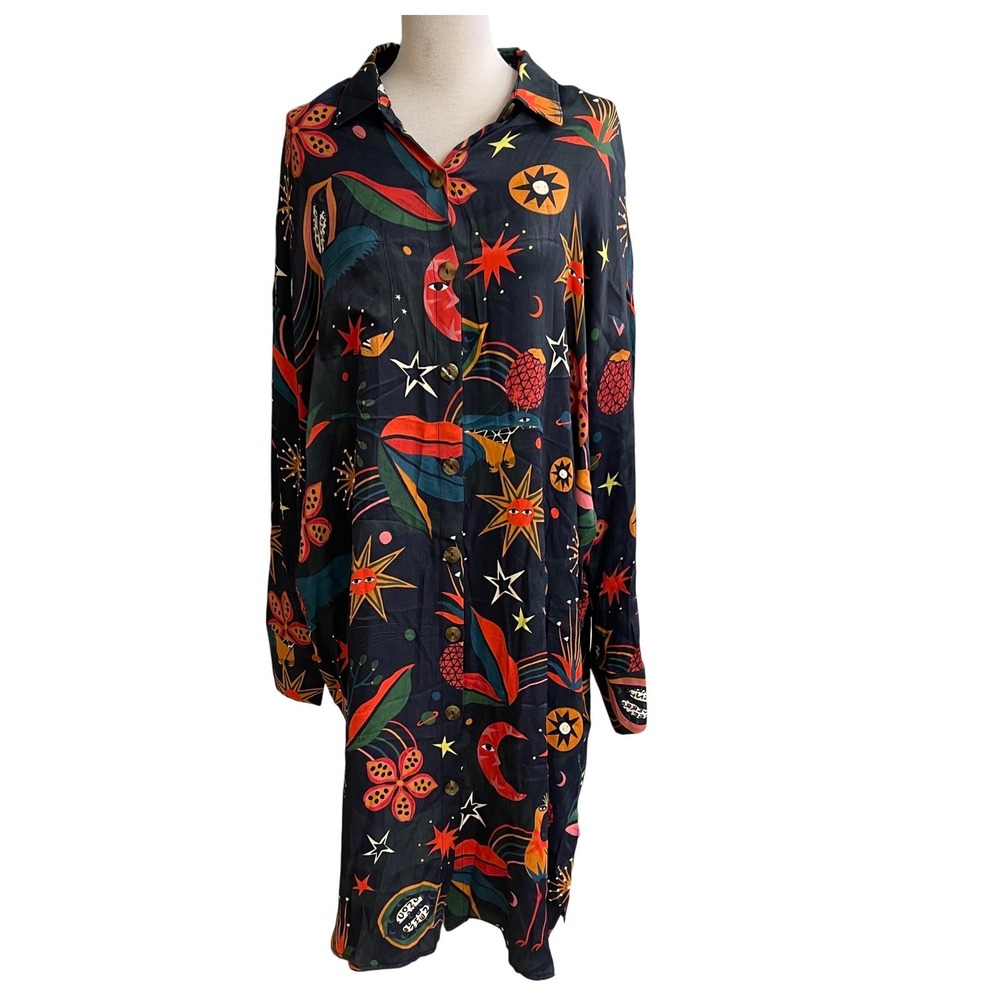 Farm Rio Black Celestial Peacock Pineapple Print Button Down Shirt Dress Medium